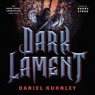 Audio book cover art for Daniel Kuhnley's fantasy novel Dark Lament - features a man with a sword pushing doors made of human skulls