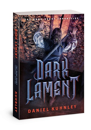 Paperback book cover art for Daniel Kuhnley's fantasy novel Dark Lament - features a man with a sword pushing doors made of human skulls.