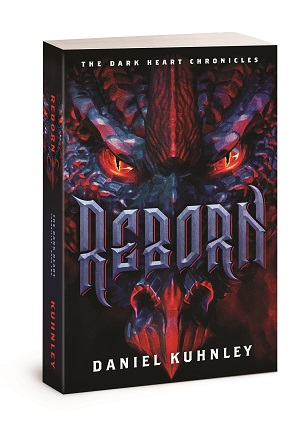 Paperback book cover art for Daniel Kuhnley's fantasy novel Reborn - features a dragon face with red, evil eyes