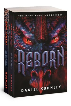 eBook cover art for Daniel Kuhnley's fantasy novel collection The Dark Heart Chronicles books 1 and 2, Dark Lament and Reborn. Cover features a dragon face with red, evil eyes.