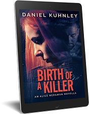 EReader cover art for Daniel Kuhnley's mystery thriller novella Birth Of A Killer - features the side of a woman's face with red hair. A glass-front building is in the background and and so is the face of a man with a goatee and skull and crossbones tattoo on his neck.