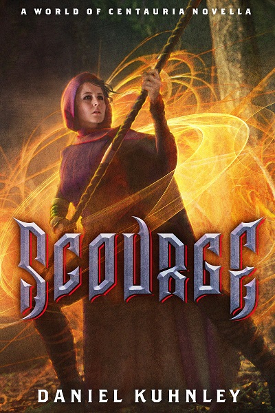 Book cover art for Daniel Kuhnley's dark fantasy novella Scourge. Features a woman wearing a purple cloak and holding a twisted staff in a defensive stance. Orange rings and swirls of magic surround her.