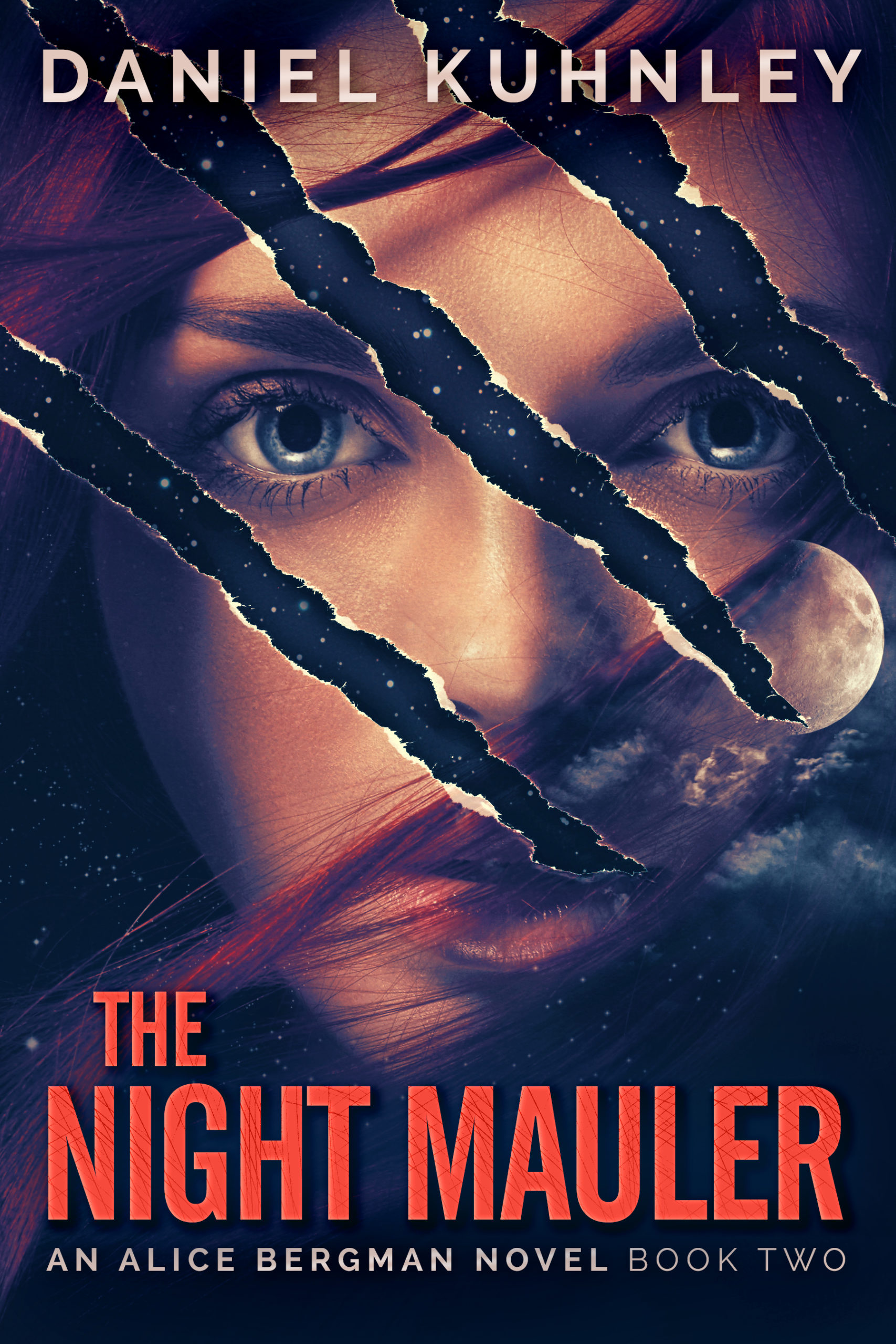 Book cover art for Daniel Kuhnley's supernatural serial killer novel The Night Mauler - features an image of a woman with red hair with claw marks through her face