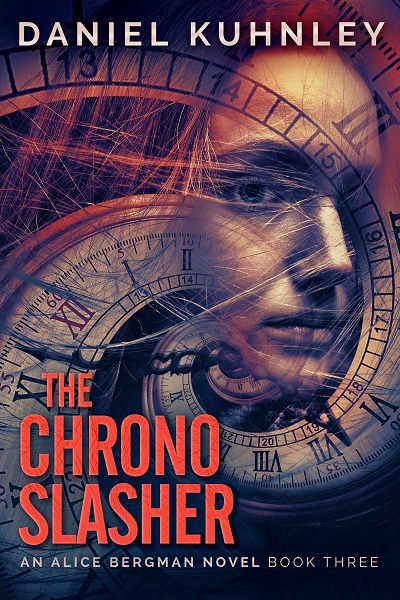 Book cover art for Daniel Kuhnley's Supernatural Serial Killer novel The Chrono Slasher. Features a woman's face with a twisting clock through it.